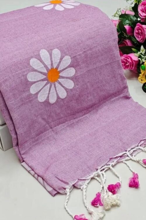 Lavender Khadi Cotton Saree with Daisy Print & Tassels
